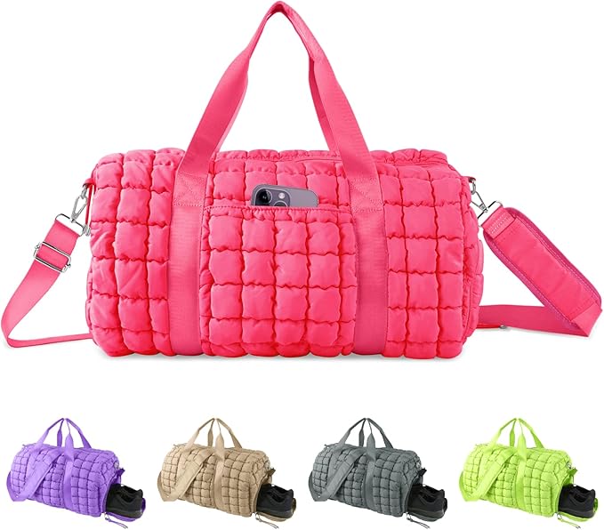 Quilted Travel Duffle Bag Gym Bag for Women,Large Puffer Duffle Weekender Bag with Compartment,Workout Overnight Carry on Organizer Bag Duffle Bag for Airplane Travel(L-Rosered)