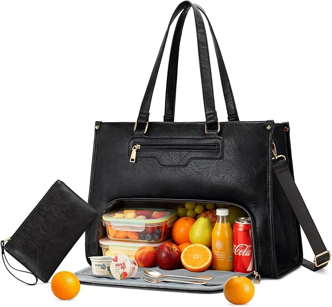 KKXIU Lunch Tote Bag for Women - 15.6" Ladies Work Tote, Laptop Purse with Insulated Lunch Compartment, Quilted Computer Handbag with Large Capacity for Work, Office, Nurse, Teacher (Black)