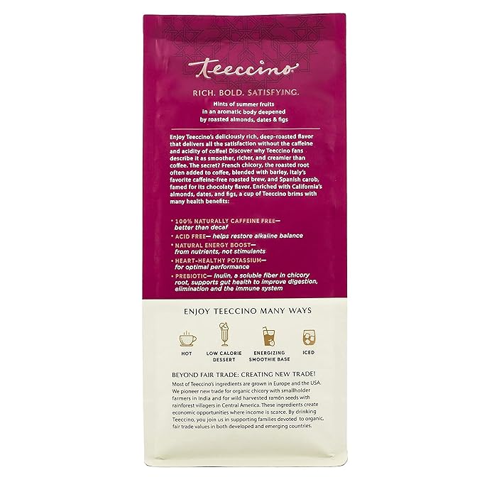 Teeccino Almond Amaretto Chicory Coffee Alternative - Ground Herbal Coffee That’s Prebiotic, Caffeine Free & Acid Free, Medium Roast, 11 Ounce (Pack of 3)