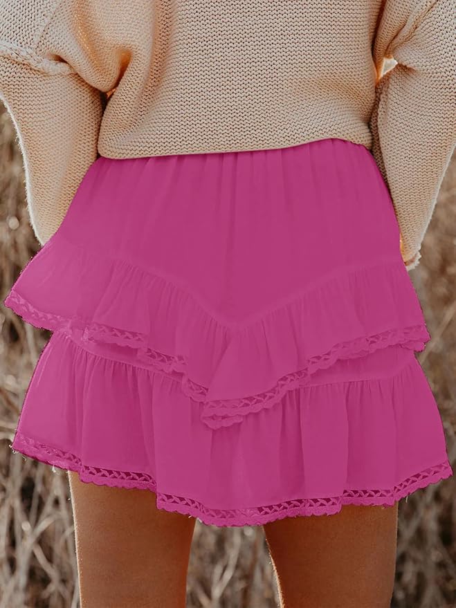 Aoudery Flowy Shorts for Women Casual Boho Ruffle Tiered Skorts High Waist Mini Skirts Golf Tennis Crochet Shorts