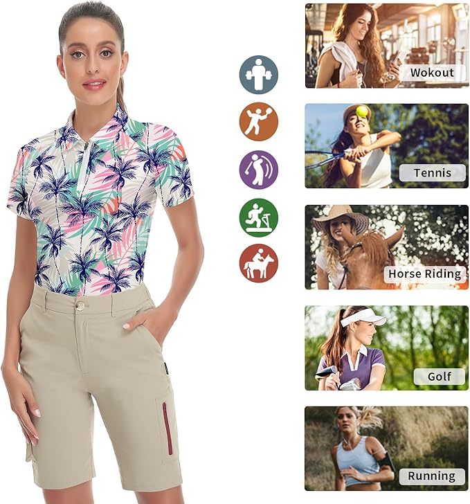 Women's Golf Shirt Short Sleeve Tennis Shirt Quarter Zip Golf Pullover Golf Polo Shirts Argyle Tops