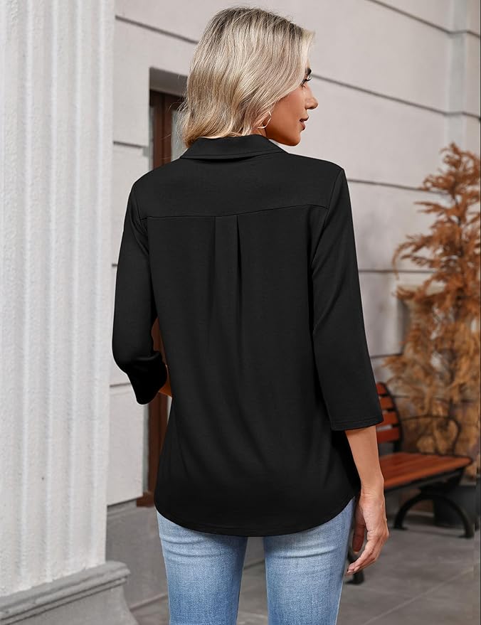 LOMON 3/4 Length Sleeve Womens Tops 2026 Spring Summer Collared Polo Shirts V Neck Casual Basic Polos Tees Shirt