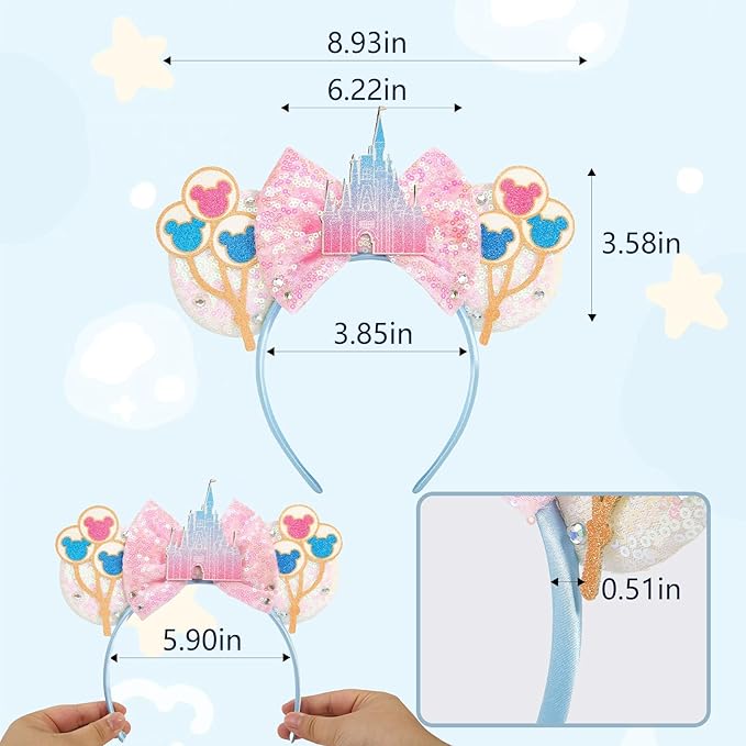 HAMUTH Mouse Ears Headband,Pink Castle Mouse Ears Hairs Accessories for Women Girls Kids,Castle Birthday Decorations for Party Trip Parks Cosplay Accessories