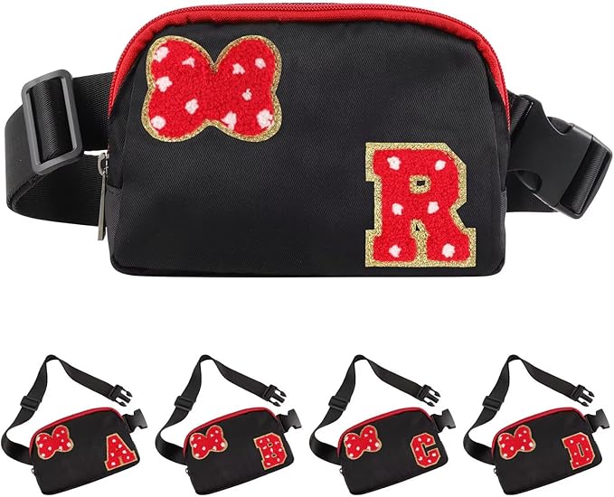 Initial Letter Bow Mouse-Ear Fanny Pack for Teen Girls,Cute Chenille Belt Bag Crossbody Travel Waist Pack for Women&Kids,Personalized Gift for Theme Park,School & Travel, Birthday Christmas(R)