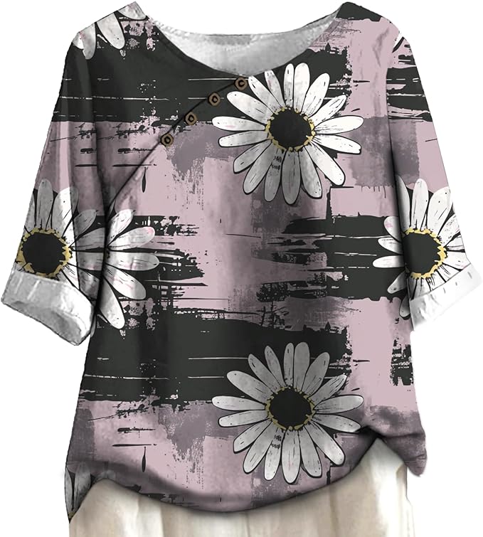 Women's Shirts Dressy Casual Asymmetric Side Button Down Design Tops Summer Loose Fit Crewneck Graphic Tees
