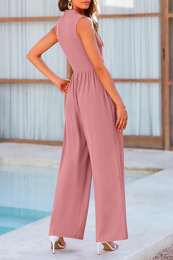 PRETTYGARDEN Womens Summer Jumpsuits Dressy Casual One Piece Outfits Sleeveless Mock Neck Wide Leg Pants Rompers with Pockets