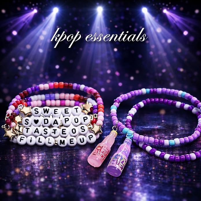 Mascotwish K-Pop Style Fashion Bracelets Set (6 PCS) – Colorful Beaded Elastic Bracelets with Charms, Matching Jewelry for Teens & Adults, Party & Concert Accessories