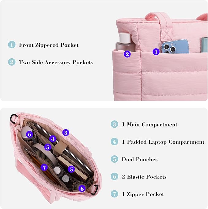 AOCINA Puffer Tote Bag for Women Quilted Work Bag Nurse Bags Women's Shoulder Handbags for Travel Gym Gifts Laptop Purse