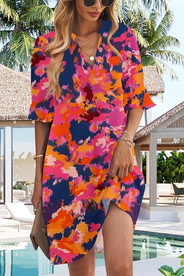 QACOHU Summer Dresses for Women V Neck Ruffle Short Sleeve Casual Shift Dress
