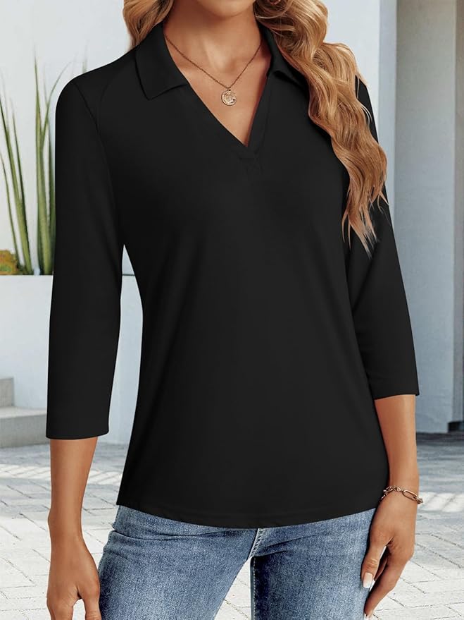 3/4 Length Sleeve Womens Tops Dressy Casual V Neck Polo Shirts Business Work Blouses 2025 Trendy Tunic Top