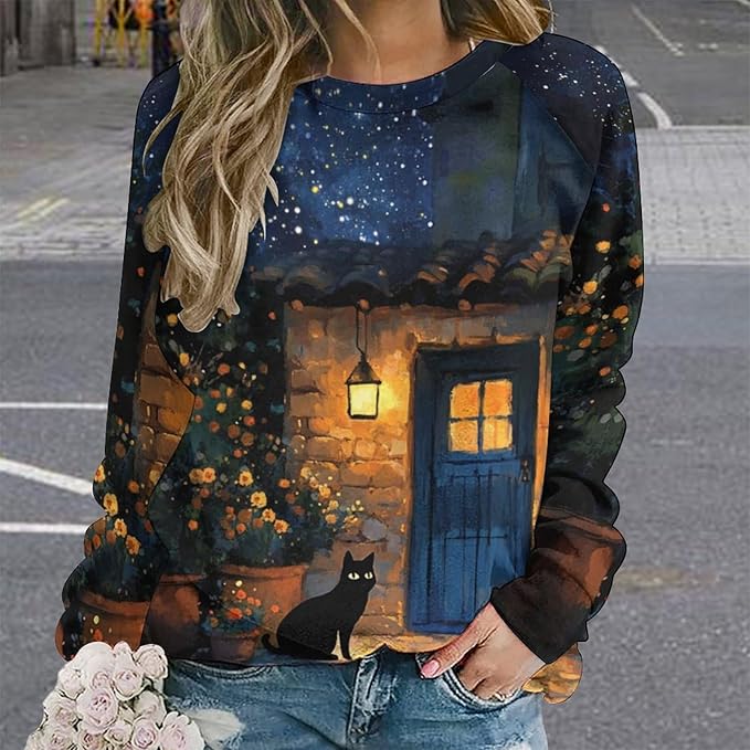 Spatofa Womens novelty funny cat printed crewneck sweatshirt casual loose long sleeve graphic pullover sweatshirts tops
