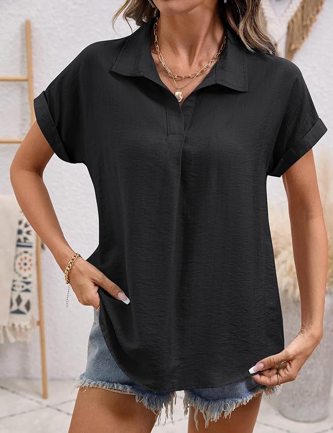 LOMON Women Blouses Spring Summer Tops for Women 2026 Short Sleeve V Neck Dressy Casual Collared Shirts Work Office