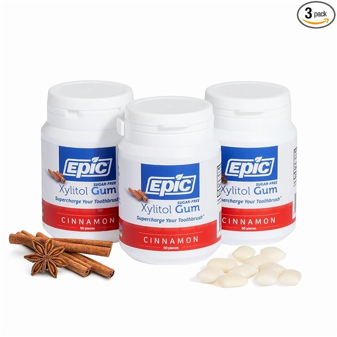 Epic 100% Xylitol Cinnamon Chewing Gum - Sugar Free, Aspartame Free Dental Gum - Supports Oral Health & Fresh Breath - 50 Pieces (Pack of 3)