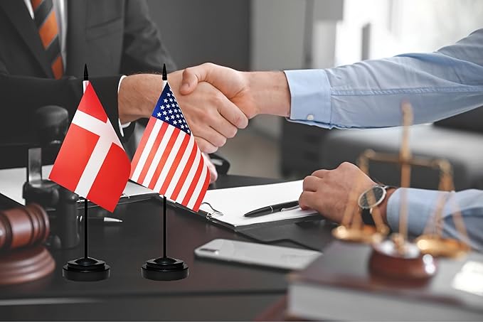 USA American & Denmark Danish Desk Flags, US Denmark Office Table Flag, Small Mini Miniature Danish and US Desktop Flag With 13" Solid Black Pole, Black Base