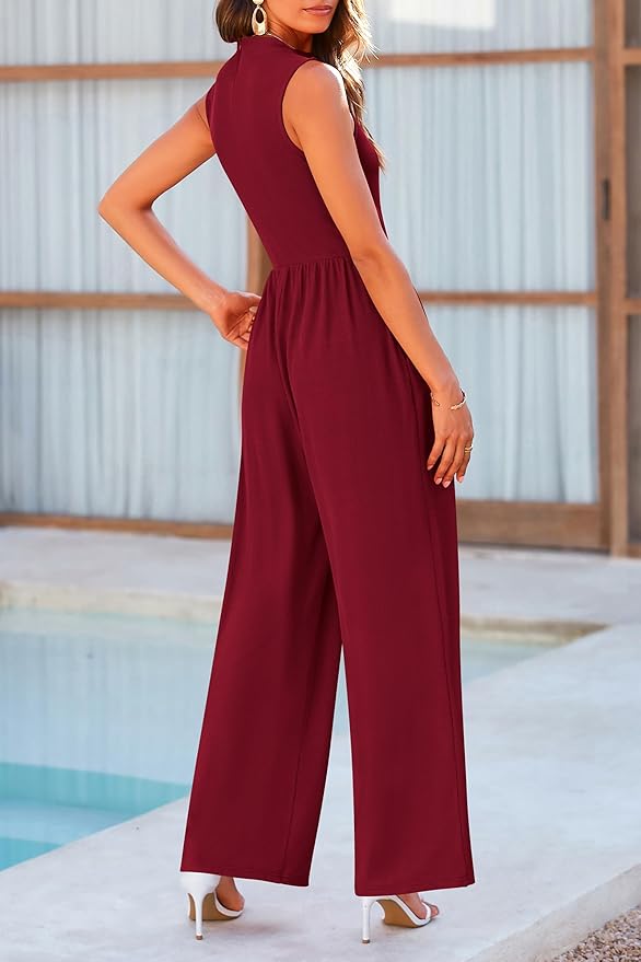 PRETTYGARDEN Womens Summer Jumpsuits Dressy Casual One Piece Outfits Sleeveless Mock Neck Wide Leg Pants Rompers with Pockets