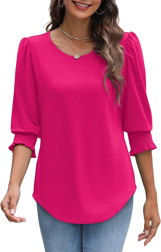 XIEERDUO Blouses for Women Dressy Casual 3/4 Length Sleeve Womens Tops with Smocked Cuffs