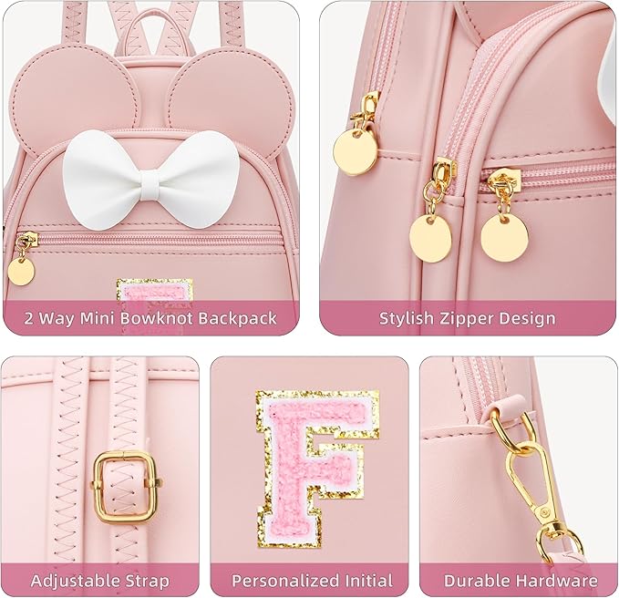 KKXIU Girls Initial Bowknot Cute Mini Backpack for Toddler, Travel Small Girl Backpacks, Personalized Valentine's Day Gifts for Little Girls and Kids(F, Pink)