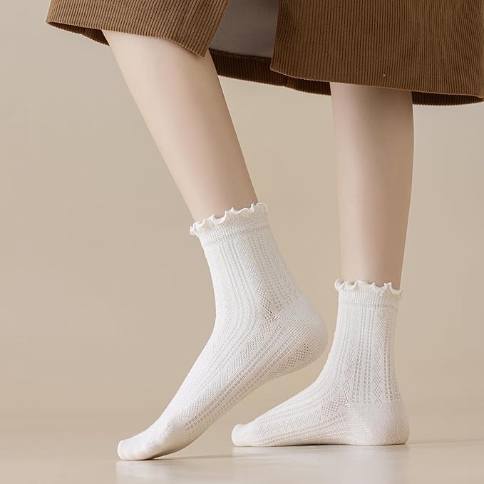 Mcool Mary Womens Crew Socks Ruffle Casual Cotton Frilly Breathable Cute Knit Lettuce Trim Dress Ankle Socks 6 Pack