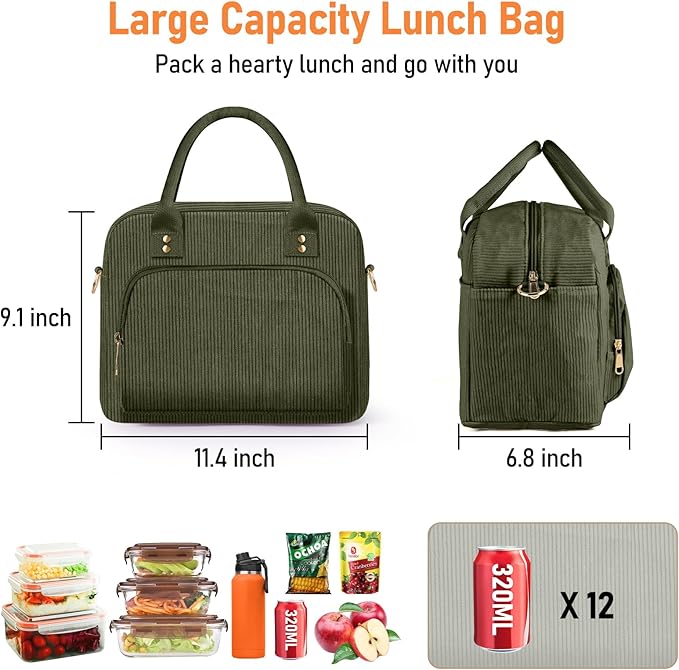 Lunch Bag Large Insulated Lunch Box for Women Men Adult Cute Green Lunchbox Corduroy Lunch Bags Boxes Pail with Adjustable Shoulder Strap for Work Mom Picnic Office Travel 11.4×6.8×9.1 inches 11.5L