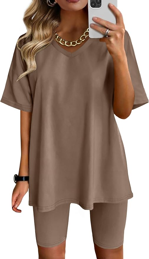 AGSEEM Two Piece Outfits For Women Summer V Neck T-Shirt Tops Biker Shorts Workout Sports Tracksuit