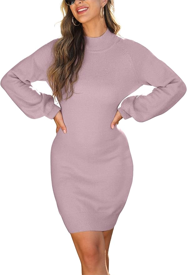 GRECERELLE 2026 Women's Mock Neck Ribbed Long Sleeve Bodycon Pullover Cute Mini Sweater Dress (XS-2XL)