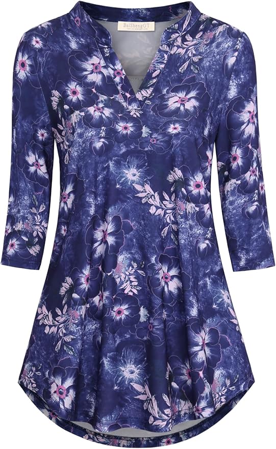 BAISHENGGT 3/4 Sleeve Tops for Women Notch V Neck Floral Work Blouses Dressy Casual Loose Fit Going Out Tunic Tops