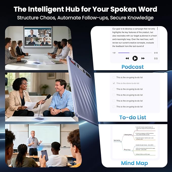 AI Voice Recorder, Professional Voice Activated Recorder with AI Transcription & Summarize, 64GB Storage, 30H Battery, Noise Cancellation and AI Note Taker for Meetings and Interviews & calls