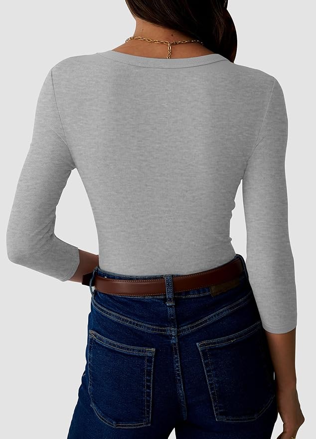 Womens 3/4 Sleeve Scoop Neck Top Ribbed Knit Slim Fitted Casual Basic Tee Shirts 2025 Fall Trendy Work T-Shirt Outfits