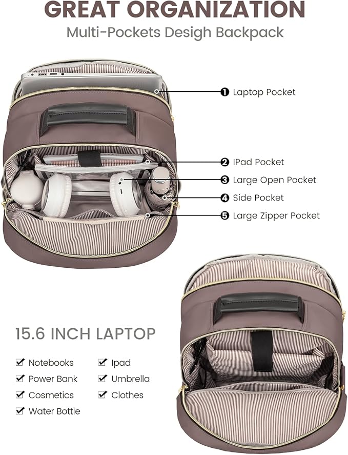 LOVEVOOK Laptop Backpack Purse for Women, Large Capacity Travel Business Computer Work Bag, Quilted Casual Nurse Backpack for Womens, Fit 15.6 Inch Laptop with USB Port, Brown