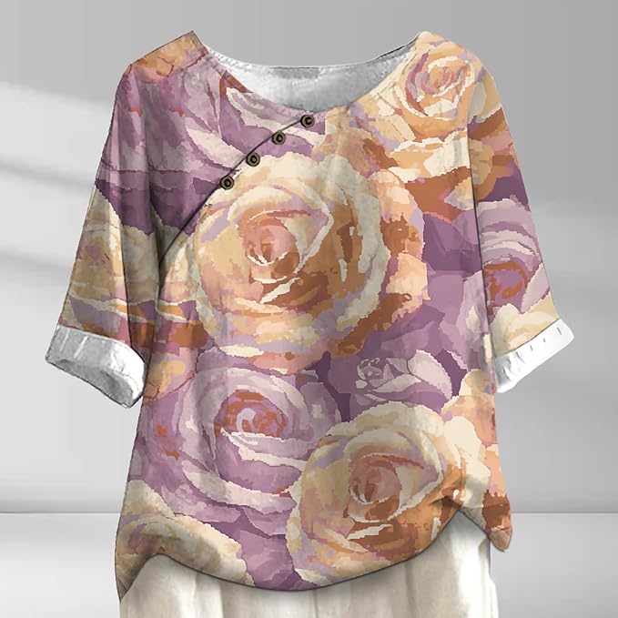 Women's Shirts Dressy Casual Asymmetric Side Button Down Design Tops Summer Loose Fit Crewneck Graphic Tees