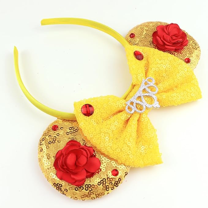LIHELEI Mouse Ears Headband with Beauty Red Rose, Princess Belle Ears for Women Halloween Costume, Princess Party Headwear Hair Accessories for Women -3pcs Red Rose