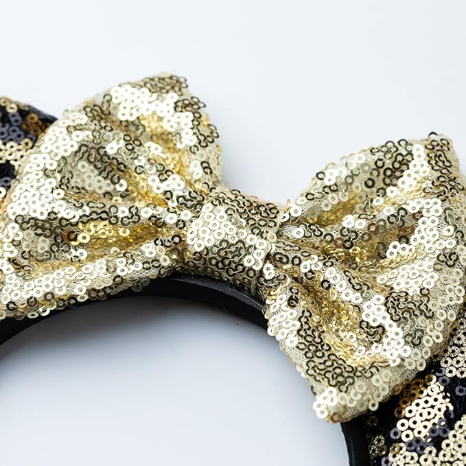 Foeran Mouse Ears Headbands Shiny Bows Mouse Ears Glitter Party Princess Decoration Cosplay Costume for Girls Women (Leopard/Gold)