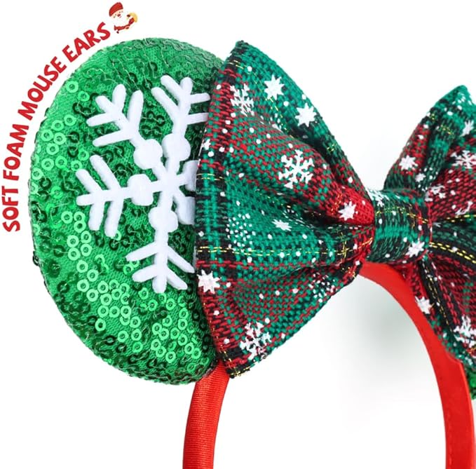 ETLUK Christmas Ears for Women Adult Girls, Mouse Ears Headbands with Bows for Trips, Party, Accessories (Plaid)