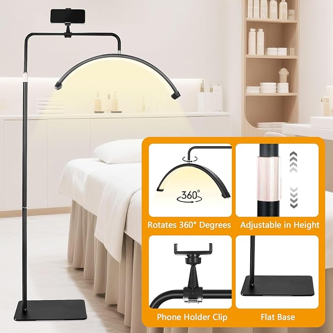 NATURALRISE LED Floor Lamp，Half Moon Lash Light for Eyelash Extensions, Nail Art & Tattoos | 3 Color Temperatures, 10-100% Dimming, Height Adjustable Reading Lamp for Bedroom, Office, Makeup Studio