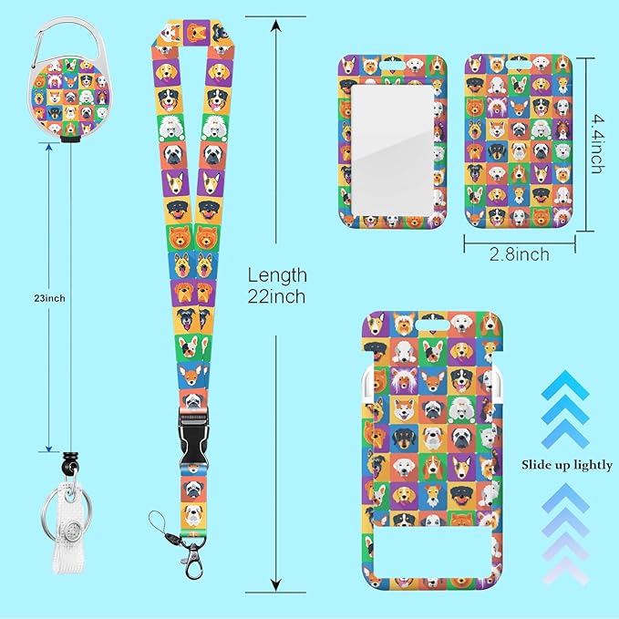 ID Badge Holder with Lanyard Fashionable ID Card Holders with Retractable Lanyards Soft Fiber Metal Clip Sturdy Buckle for Key Wallet Work Nurse Teacher Cute Fun Dog