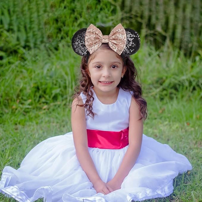 Seamoy Sequin Rose Gold Minnie Headband with Mouse Ears and Bow, Sparkle Park Princess Ears for Women Girls (Gold Bow and Black)