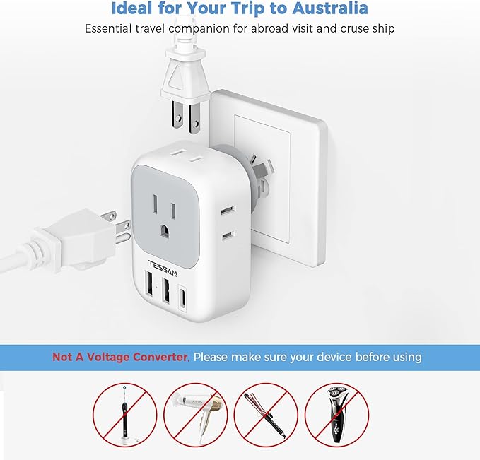 Australia Plug Adapter, TESSAN Australian Power Adaptor with 4 Outlets 3 USB Charging Ports (1 USB C), Type I Travel Plug for US to New Zealand China Argentina Fiji AU, 2 Pack