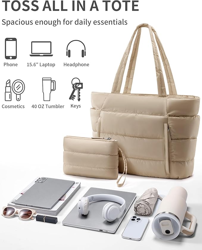 Puffer Tote Bag for Women, Lightweight Puffy Work Handbag Teacher Nurse Quilted Shoulder Bag for School Travel Gym | Quilted, with Zipper, Daily Carry On Bags, Comfy College Bags, 15.6" Laptop Sleeve, Cup Holder Pocket, Portable, Spacious