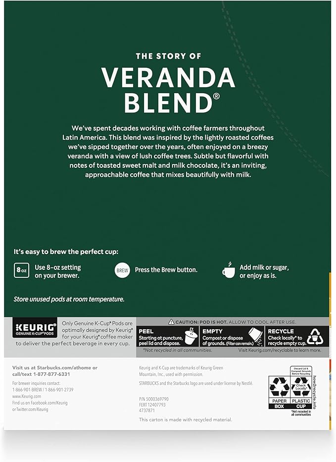 Starbucks K-Cup Coffee Pods, Starbucks Blonde Roast Hot or Iced Coffee, Veranda Blend, 60 Keurig Pods