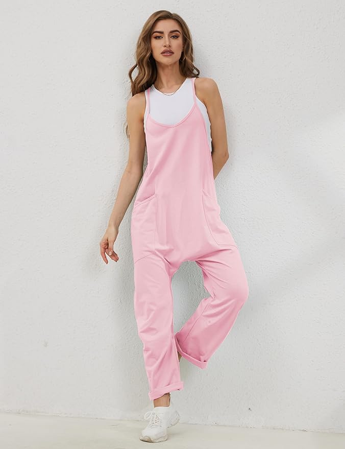 Lentta Women's Causal Jumpsuits V Neck Sleeveless Harem Overalls Stretchy Adjustable Strap Romper with Pockets