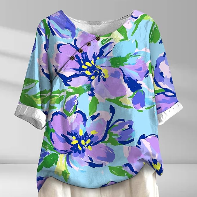 Women's Shirts Dressy Casual Asymmetric Side Button Down Design Tops Summer Loose Fit Crewneck Graphic Tees