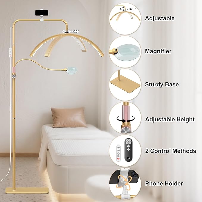 Half Moon Lash Light - Adjustable LED Floor Lash Lamp with 4X Magnifier & Phone Holder for Eyelash Extensions,Nail Art,Tattoo,Skincare,Salon SPA-Dimmable Brightness,Rotating Head, Gold