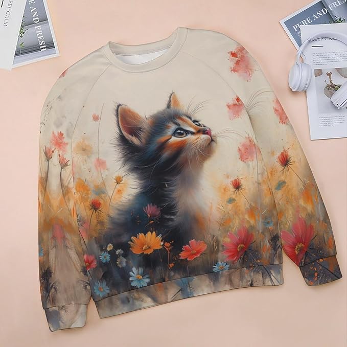 Spatofa Womens novelty funny cat printed crewneck sweatshirt casual loose long sleeve graphic pullover sweatshirts tops