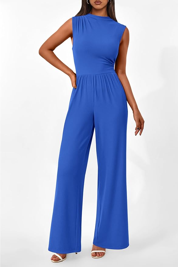 PRETTYGARDEN Womens Summer Jumpsuits Dressy Casual One Piece Outfits Sleeveless Mock Neck Wide Leg Pants Rompers with Pockets