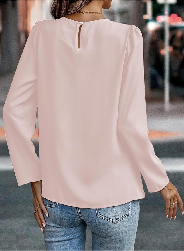 Samefar Womens Tops Dressy Casual Pleated Crew Neck Long Sleeve Shirts Office Work Chiffon Blouses