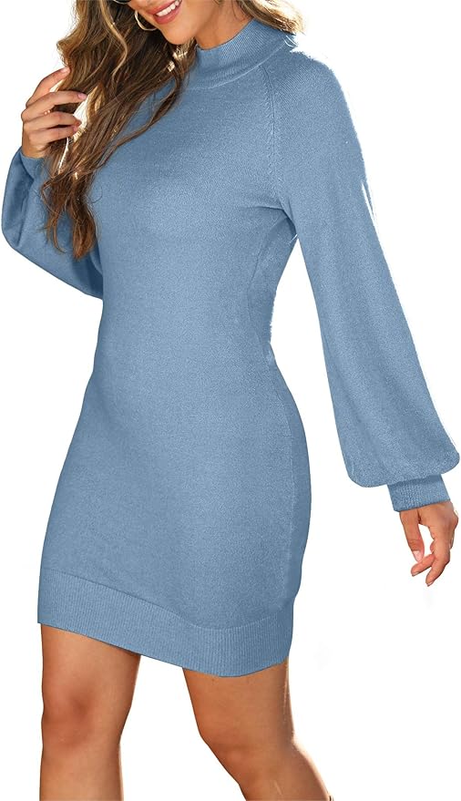 GRECERELLE 2026 Women's Mock Neck Ribbed Long Sleeve Bodycon Pullover Cute Mini Sweater Dress (XS-2XL)