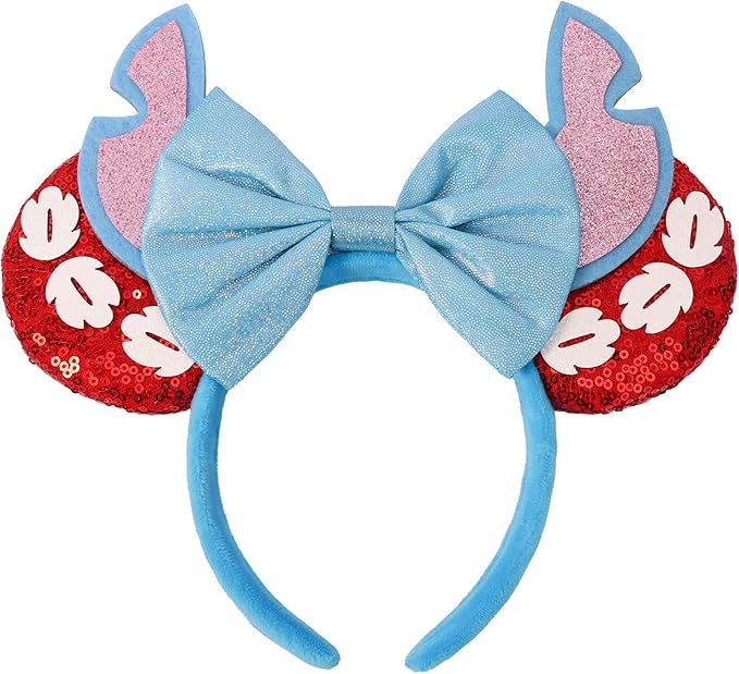 UNSPAZ Ears Headband, Sequin Mouse Ears for Women Girls Boys, Hamemade Soft Bow Headband for Cosplay Party Hair Accessories