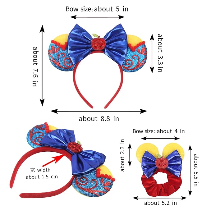 zhezesmila Shiny Mouse Ears Headband Snow White Scrunchies with Bow Princess Costume Headwear for Women Head Band Accessories for Carnival Party
