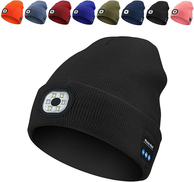 Bluetooth Beanie with LED Light & Removable Speakers, USB Rechargeable Bluetooth Beanie Hat with Light,for Men Husband Teen