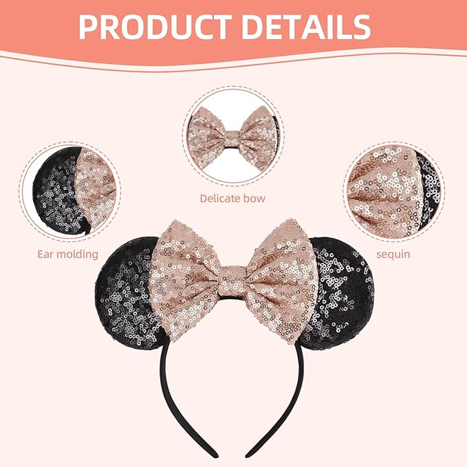 Seamoy Sequin Rose Gold Minnie Headband with Mouse Ears and Bow, Sparkle Park Princess Ears for Women Girls (Gold Bow and Black)